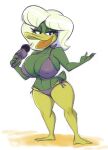  anatid anseriform anthro avian big_breasts bikini bikini_bottom bikini_top bird blonde_hair breasts cleavage clothed clothing curvaceous curvy_figure disney duck ducktales ducktales_(2017) eyebrows female hair hi_res holding_microphone holding_object joelasko lidded_eyes long_hair microphone nipples_through_clothes platinum_blonde reporter roxanne_featherly solo swimwear tagme thick_thighs voluptuous voluptuous_female wide_hips 