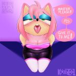 amy_rose anthro bedroom_eyes big_breasts blush bodysuit breasts cleavage clothed clothing cosplay english_text eulipotyphlan female hedgehog hi_res kneeling kobaltoco looking_at_viewer mammal narrowed_eyes rouge_the_bat seductive sega simple_background skinsuit solo sonic_the_hedgehog_(series) speech_bubble text tight_clothing tongue tongue_out 