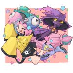  1girl bellibolt bow-shaped_hair character_hair_ornament grey_pantyhose hair_ornament hexagon_print highres iono_(pokemon) jacket lumpypacas mismagius multicolored_hair oversized_clothes pantyhose pokemon pokemon_(game) pokemon_sv sharp_teeth single_leg_pantyhose sleeves_past_fingers sleeves_past_wrists split-color_hair teeth very_long_sleeves x yellow_jacket 