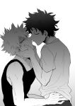  2boys absurdres bakugou_katsuki black_tank_top boku_no_hero_academia closed_eyes freckles gradient gradient_background greyscale hand_under_clothes hand_under_shirt highres holding_another&#039;s_head imminent_kiss looking_at_another male_focus midoriya_izuku monochrome multiple_boys rapiko shirt simple_background spiked_hair tank_top torso_grab white_background yaoi 