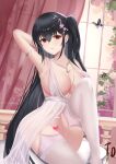  1girl absurdres arm_behind_head armpits azur_lane backless_dress backless_outfit black_hair breasts bug butterfly censored center_opening cleavage cocktail_dress curtains dress evening_gown garter_straps hair_between_eyes heart heart_censor highres indoors jewelry large_breasts long_hair looking_at_viewer nanoda002_(saber427) necklace no_panties official_alternate_costume plunging_neckline red_eyes satin_dress see-through_dress sitting sleeveless sleeveless_dress taihou_(azur_lane) taihou_(temptation_on_the_sea_breeze)_(azur_lane) very_long_hair white_dress white_garter_straps white_legwear window 