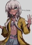  1girl artist_name bikini blue_eyes blue_skirt character_name danganronpa_(series) danganronpa_v3:_killing_harmony dark-skinned_female dark_skin eyebrows_visible_through_hair frilled_bikini frills highres jacket jewelry long_sleeves necklace nose one_eye_closed seashell shell shell_necklace skirt smile solo swimsuit tan upper_body user_gjer4484 white_hair yellow_jacket yonaga_angie 