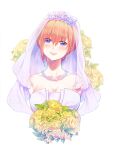  1girl bangs bare_shoulders blush bouquet breasts bridal_veil cleavage closed_mouth collarbone diadem dress eyebrows_visible_through_hair flower go-toubun_no_hanayome hair_between_eyes head_tilt highres holding holding_bouquet jewelry large_breasts looking_at_viewer nakano_ichika necklace orange_hair purple_eyes rose shiny shiny_hair short_hair smile solo strapless strapless_dress upper_body veil wedding_dress white_background white_dress yellow_flower yellow_rose yu_(flowerbird3830) 
