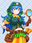  1girl adapted_costume alternate_costume bag belt blue_hair breasts brown_gloves erechan gloves green_headwear haniwa_(statue) haniyasushin_keiki head_scarf large_breasts long_hair magnifying_glass navel pink_eyes scroll short_sleeves solo touhou 