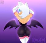  anthro armwear bat_wings bodysuit butt chiropteran clothing elbow_gloves female gloves handwear hi_res kobaltoco looking_at_viewer looking_back mammal membrane_(anatomy) membranous_wings purple_background rear_view rouge_the_bat sega simple_background skinsuit smile solo sonic_the_hedgehog_(series) thigh_gap tight_clothing wings 