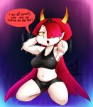  big_breasts bike_shorts bodily_fluids bottomwear bra breasts clothing demon demon_humanoid disney english_text female hair hair_over_eyes hands_behind_head hekapoo hi_res humanoid humanoid_pointy_ears kneeling kobaltoco midriff not_furry open_mouth red_hair shorts solo sports_bra star_vs._the_forces_of_evil sweat text underwear 