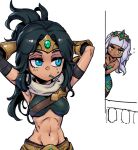 2girls arms_behind_head bangs black_hair blunt_bangs blush breasts cleavage closed_mouth dark-skinned_female dark_skin green_eyes grey_hair hair_ornament jewelry large_breasts league_of_legends long_hair multiple_girls navel necklace parted_bangs phantom_ix_row pout qiyana_(league_of_legends) shiny shiny_hair sideways_glance sivir stomach upper_body white_background 