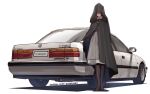  1girl boots car dress elden_ring ground_vehicle highres honda_accord hood_over_eyes hooded_coat medium_hair melina_(elden_ring) motor_vehicle patatatan pun red_hair solo thigh_boots thighhighs 