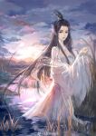  1girl absurdres black_hair dress earrings expressionless facial_mark forehead_mark hair_bun hair_ornament highres in_water jewelry long_hair lu_xueqi_(zhu_xian) lu_xueqi_tongren_ye reeds sun zhu_xian 