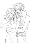  1boy 1girl aerith_gainsborough arms_around_waist bangs bare_arms belt breasts choker cleavage closed_eyes cloud_strife dress earrings eni_(yoyogieni) final_fantasy final_fantasy_vii final_fantasy_vii_advent_children hair_ribbon holding_hands jacket jacket_removed jewelry lineart long_dress long_hair medium_breasts parted_bangs ponytail ribbon shirt sidelocks single_earring sleeveless sleeveless_shirt spiked_hair white_background 