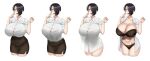  bangs black_hair blue_eyes blush bra breasts cleavage curtain_call_challenge form_fitting gigantic_breasts hair_over_one_eye hand_on_own_face hand_up highres huge_breasts impossible_clothes lace-trimmed_bra lace-trimmed_panties lace_trim navel open_mouth original panties saya_(twrlare) shirt short_hair thighs tight tight_shirt twrlare underwear 