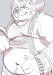  anthro bandage belly blue_eyes blush clothed clothing clothing_lift felid fur hi_res licho_(tas) lifewonders male mammal navel overweight pantherine shirokumaou shirt shirt_lift sketchy solo striped_body striped_fur stripes tiger tokyo_afterschool_summoners topwear video_games white_body white_fur 