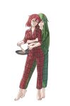  2girls absurdres barefoot breasts closed_eyes feet fire_emblem fire_emblem:_mystery_of_the_emblem frying_pan green_hair hair_between_eyes highres hug long_hair medium_breasts minerva_(fire_emblem) multiple_girls pajamas palla_(fire_emblem) pomelomelon red_eyes red_hair short_hair smile toes very_long_hair white_background 