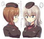  ... 2girls arrow_(symbol) bangs blue_eyes brown_eyes brown_hair commentary cropped_torso eyebrows_visible_through_hair girls_und_panzer hatsukaze33 itsumi_erika kuromorimine_military_uniform looking_at_another medium_hair multiple_girls nishizumi_miho open_mouth short_hair silver_hair simple_background spoken_ellipsis translated white_background 