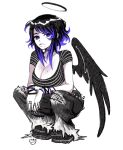  1girl black_footwear black_hair black_nails black_pants black_shirt boots breasts cleavage colored_tips english_commentary halo highres kneeling large_breasts megrocks mole mole_on_breast mole_under_mouth multicolored_hair original pants purple_eyes purple_hair shirt short_hair single_wing solo striped striped_shirt white_background wings 