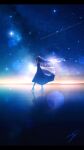  1girl absurdres arms_up blurry bokeh closed_eyes closed_mouth commentary depth_of_field fantasy full_body highres long_hair milky_way nengoro original outdoors scenery shooting_star signature sky solo sparkle star_(sky) starry_sky veil walking 