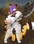  anthro areola big_breasts blue_eyes breasts exposed_breasts felid female firepawdacat firepawdacat_(artist) fur genitals hair halberd hi_res holding_object holding_weapon huge_breasts lips long_hair long_tail mammal mantle melee_weapon multicolored_body nipple_piercing nipples orange_body orange_fur pantherine piercing pink_areola pink_nipples polearm purple_hair pussy solo stripes thick_lips thick_thighs tiger weapon white_body white_fur 