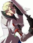  1boy black_gloves blonde_hair coat cross eni_(yoyogieni) final_fantasy final_fantasy_viii gloves green_eyes gunblade hand_on_own_face holding holding_weapon red_cross scar scar_on_face seifer_almasy short_hair smirk solo upper_body weapon white_background white_coat 