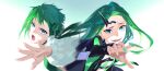  2girls black_jacket blue_eyes bow gradient gradient_background green_bow green_eyes green_hair hair_bow horns jacket long_hair looking_at_viewer macross macross_delta macross_delta:_zettai_live!!!!!! mosako multiple_girls open_mouth portrait reina_prowler single_horn sleeves_past_wrists smile v-shaped_eyebrows yami_reina 