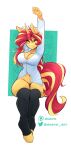  2022 absurd_res ambris anthro bottomless breasts cleavage clothed clothing equestria_girls equid equine eyebrow_through_hair eyebrows eyelashes eyes_closed female fur hair hasbro hi_res horn legwear long_hair mammal multicolored_hair my_little_pony navel shirt sitting solo stretching sunset_shimmer_(eg) thigh_highs topwear translucent translucent_hair two_tone_hair unicorn yellow_body yellow_fur 