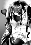  1girl bdsm belt_collar bondage bound collar commentary_request dominatrix elbow_gloves eyebrows_visible_through_hair femdom gloves greyscale hair_between_eyes hair_tassel heart highres holding holding_money latex looking_at_viewer mask miginohito_mitsuru money money_tuck monochrome mouth_mask original riding_crop solo whip 