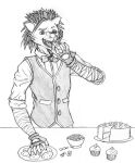  5_fingers anthro bandaged_arm beard black_and_white bow_tie button_(fastener) cake candy clothing cookie cupcake dessert eating eyebrows eyewear facial_hair fangs fingers food front_view glasses gloves hair handwear hi_res male monochrome open_mouth round_glasses skyelegs solo tongue topwear vest 