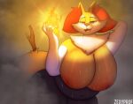  anthro bedroom_eyes big_breasts bodily_fluids braixen breasts detailed_background female fire huge_breasts narrowed_eyes nintendo overweight pok&eacute;mon pok&eacute;mon_(species) presenting presenting_breasts seductive slightly_chubby solo sweat video_games zexyprof 