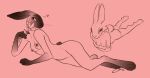  &lt;3 2022 anthro breasts crossed_arms duo female flower genitals hi_res holding_flower holding_object keroa lagomorph leporid lying mammal nipples nude on_front on_side pink_background plant pussy rabbit simple_background sketch 