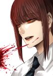  1girl bangs black_necktie blood chainsaw_man collared_shirt formal highres hoshi_san_3 long_hair makima_(chainsaw_man) necktie office_lady open_mouth red_hair ringed_eyes shirt simple_background solo suit white_background white_shirt yellow_eyes 