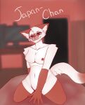  anthro bed breasts clothing countryhumans female fur furniture gloves handwear hi_res japan legwear looking_at_viewer on_bed red_clothing red_ears red_gloves red_handwear red_legwear red_stockings sitting sitting_on_bed smile solo stockings white_body white_fur 