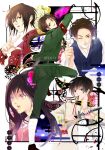  1girl 4boys axis_powers_hetalia bandages belt black_hair brown_eyes brown_hair china_(hetalia) chinese_clothes drawing_sword eni_(yoyogieni) flower green_jacket green_pants hair_between_eyes hair_flower hair_ornament highres holding holding_sword holding_weapon hong_kong_(hetalia) jacket japan_(hetalia) japanese_clothes long_hair low_ponytail multiple_boys open_mouth orange_eyes pants parted_lips pink_eyes red_armband short_hair south_korea_(hetalia) sword taiwan_(hetalia) teeth thumbs_up traditional_clothes uniform upper_body upper_teeth weapon yellow_eyes 