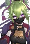  1girl absurdres arc_pic fingerless_gloves genshin_impact gloves green_hair hair_ornament highres hood hoodie kuki_shinobu mask mouth_mask ninja_mask open_clothes ponytail purple_eyes purple_hoodie simple_background solo white_background 