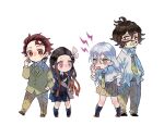  2boys 2girls birthmark brother_and_sister brown_eyes brown_hair daki_(kimetsu_no_yaiba) green_eyes gyuutarou_(kimetsu_no_yaiba) hair_ribbon kamado_nezuko kamado_tanjirou kimetsu_no_yaiba multiple_boys multiple_girls necktie pink_eyes ribbon scar school_uniform siblings tongue tongue_out tuduri white_hair 