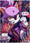  anthro blaze_the_cat breasts clothed clothing domestic_cat english_text exclamation_point felid feline felis female grimace hi_res mammal sega sharp_teeth skajrzombie snaggle_tooth solo sonic_the_hedgehog_(series) speech_bubble symbiote teeth text 