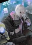  1boy 1girl android bangs black_eyes black_jacket black_pants breasts collarbone crossed_legs cup drinking_straw harutask highres holding holding_cup jacket looking_at_viewer looking_up medium_breasts navel off_shoulder original pants science_fiction short_hair solo_focus white_hair 