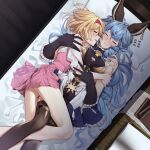  2girls :} absurdres animal_ears bare_legs bed black_gloves blonde_hair blue_hair blush book breasts closed_eyes commentary cuddling djeeta_(granblue_fantasy) dress earrings erune feet_out_of_frame ferry_(granblue_fantasy) flying_sweatdrops frills gloves granblue_fantasy hairband highres hug indoors jewelry long_hair lying medium_breasts messy_hair multiple_girls on_back on_bed on_side pillow rabbit_ears short_hair skirt soruna_(nell) spooning very_long_hair yuri 