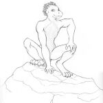  4_fingers 4_toes anthro athletic athletic_anthro athletic_male biped black_and_white claws crouching feet fingers front_view hand_on_leg hi_res looking_at_viewer male monochrome rock skyelegs solo toes 