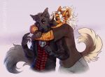  anthro arms_around_neck black_body black_fur canid canine canis clothed clothing digital_media_(artwork) duo enrique-terrafino fur hair hyaenid jewelry kuro-tomo male male/male mammal necklace saphgriffin simple_background smile wolf 