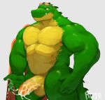  anthro bodily_fluids crocodilian cum cum_on_hand cum_on_penis eyewear eyewear_on_head genital_fluids genitals goggles goggles_on_head green_body green_scales hi_res looking_at_genitalia looking_at_penis looking_down male muscular muscular_male penis renekton reptile rojoslushy scales scalie simple_background solo standing 