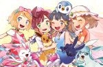  4girls :d ;d ahoge bangs blue_dress blue_eyes blush bow brown_hair chitozen_(pri_zen) chloe_(pokemon) commentary_request crescent crescent_hair_ornament dawn_(pokemon) dress eevee eyelashes glaceon gloves gradient_dress green_eyes grey_eyes hair_ornament hairband holding holding_pokemon looking_at_viewer may_(pokemon) multiple_girls one_eye_closed open_mouth orange_hair piplup pokemon pokemon_(anime) pokemon_(creature) pokemon_dppt_(anime) pokemon_swsh_(anime) pokemon_xy_(anime) serena_(pokemon) short_sleeves smile sylveon teeth tongue upper_teeth v 