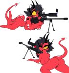  &lt;3 absurd_res big_breasts blowing_kiss breasts butt demon demon_humanoid female genitals gun heart_tattoo helluva_boss hi_res huge_breasts humanoid imp lying millie_(helluva_boss) not_furry nude on_front one_eye_closed pussy ranged_weapon rifle simple_background sniper_rifle solo spade_tail tattoo wallyroo weapon white_background wink yellow_sclera 