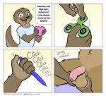  anthro balls balls_touching black_nose brown_body brown_fur clothing comic dialogue duo fangs felix_(nik159) fidget_spinner foreskin fur genitals heart_shirt hi_res humanoid_genitalia humanoid_penis humor lutrine male male/male mammal meme mustelid nik_(nik159) nikraccoom open_mouth pen penis procyonid raccoon shirt talking_to_viewer topwear toy 