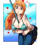  1girl bikini bikini_top_only blush bracelet breasts denim el_quijote heart highres jeans jewelry large_breasts long_hair looking_at_viewer nami_(one_piece) one_piece orange_hair pants staff surprised swimsuit tattoo 