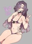  1girl agawa_ryou bikini breasts grey_background long_hair looking_at_viewer mask midriff mouth_mask navel original purple_eyes simple_background small_breasts smile solo swimsuit tattoo thick_thighs thighs v 