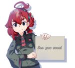  1girl ahoge bangs blue_eyes breasts commentary english_text gundam gundam_suisei_no_majo hairband hexaa long_hair looking_at_viewer placard ponytail protagonist_(gundam_suisei_no_majo) red_hair sign single_sidelock small_breasts smile solo upper_body white_background 