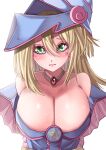  1girl absurdres arms_behind_back blonde_hair blue_headwear blush_stickers breasts brooch collarbone commentary_request dark_magician_girl eyebrows_behind_hair green_eyes hair_between_eyes highres jewelry large_breasts long_hair looking_at_viewer maboroshi_mochi red_brooch solo upper_body yu-gi-oh! 