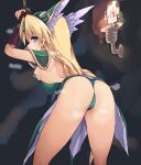  1girl against_wall armor arms_up ass backless_outfit bare_back blonde_hair blue_eyes bound bound_wrists breasts clothes_lift dungeon from_behind green_headwear green_leotard green_skirt helmet karukan_(monjya) leaning_forward leotard long_hair looking_back pauldrons presenting riesz rope seiken_densetsu seiken_densetsu_3 shoulder_armor sideboob skirt skirt_lift slave small_breasts solo strapless strapless_leotard thighs very_long_hair 