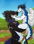 absurd_res anthro black_body black_hair carrying_partner clei cybernetics cyborg dragon duo eyes_closed feathered_dragon feathered_wings feathers grass hair hi_res horn machine male male/male nameless00 nude outside plant smile standing white_body white_feathers windragon wings 