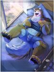 abs absurd_res anthro barrel_(live-a-hero) begging begging_pose bulge canid canine canis clothing hi_res lifewonders live-a-hero lying male mammal muscular muscular_anthro muscular_male n_na7 on_back pawpads pecs pose shirt solo tank_top tongue tongue_out topwear underwear video_games wolf 