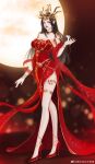  1girl absurdres bare_legs bare_shoulders black_hair breasts cai_lin_(doupo_cangqiong) doupo_cangqiong dress hair_ornament high_heels highres lamia large_breasts long_hair mei_du_sha_nuwang_zhuye monster_girl moon red_dress snake 